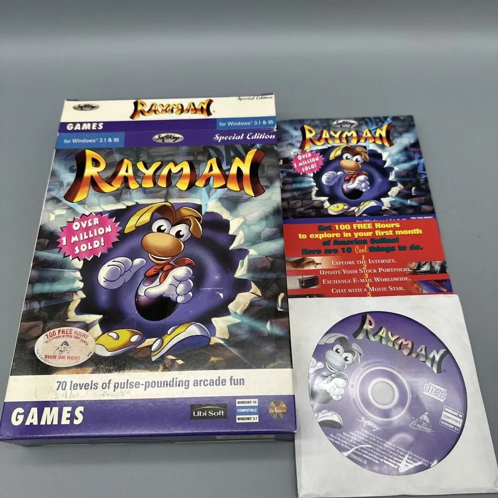 Rayman PC Big Box EUC (1995) Ubisoft Rare Complete CD-ROM AOL Special Edition